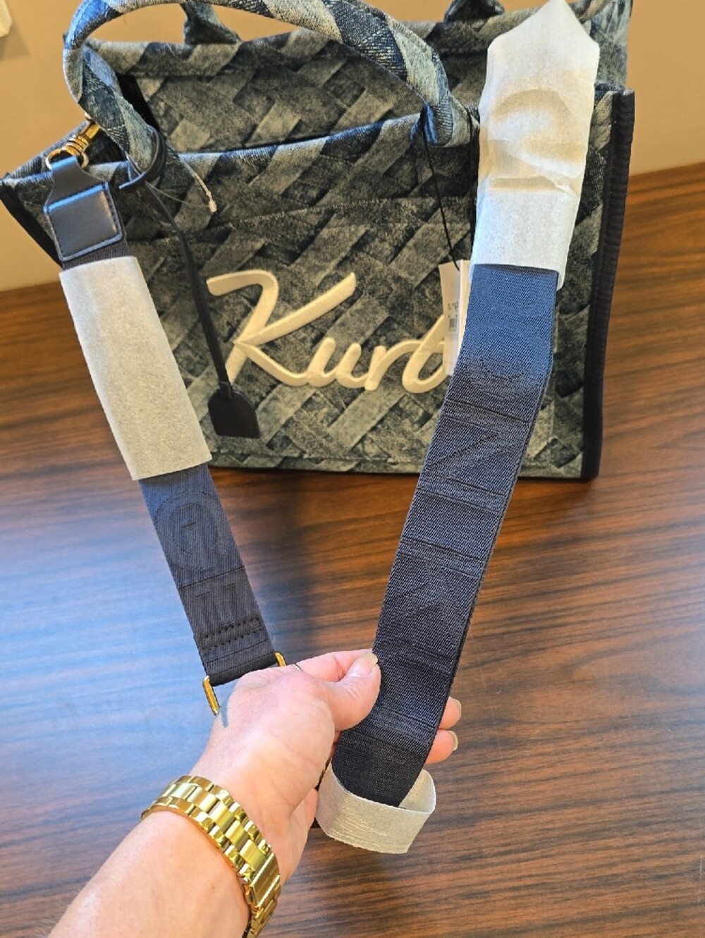 NWT Kurt Geiger Denim Blue Woven Tote with Script Logo - Picture 7 of 13